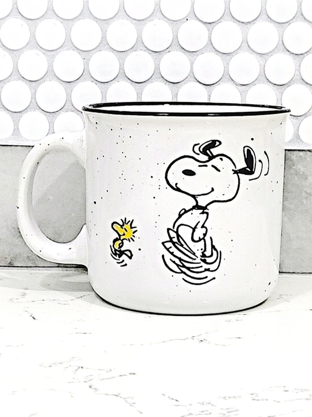 Peanuts White Ceramic Mug with Black Trim and Yellow Accent